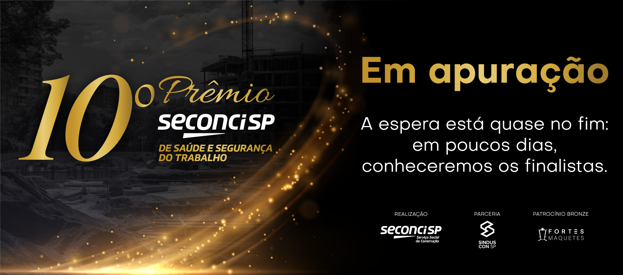 Banner do 10º Prêmio Seconci-SP de Saúde e Segurança do Trabalho informando que a apuração está em andamento e que os finalistas serão divulgados em breve.